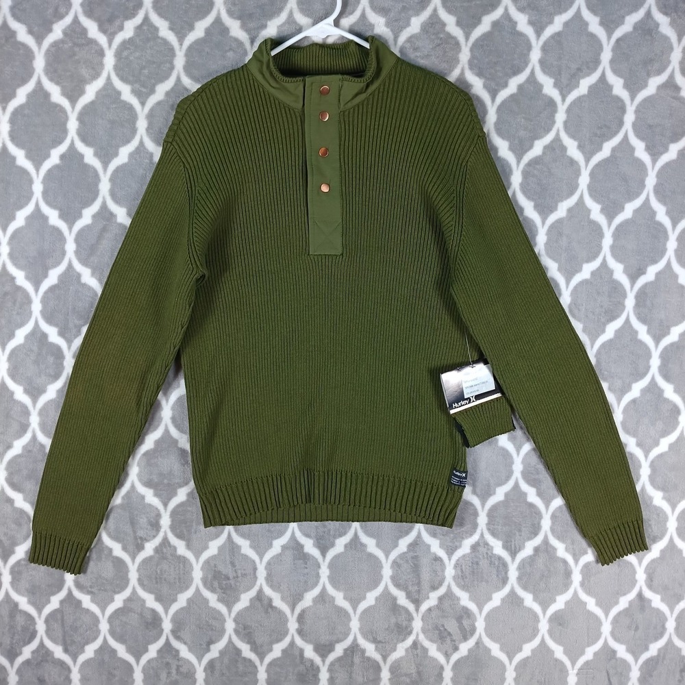 Hurley Sweater Mens Medium Green Ribbed Mock Neck 1/4 Snap Henley Mahalo